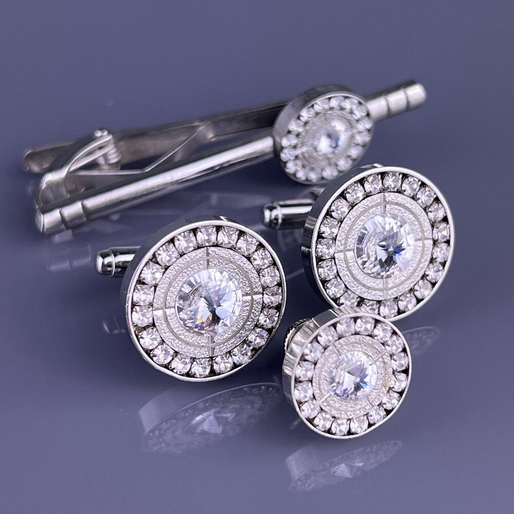 White Rhinestone Cufflinks Tie Clip Pin Silver Tone Rays Lines Flashy Vintage